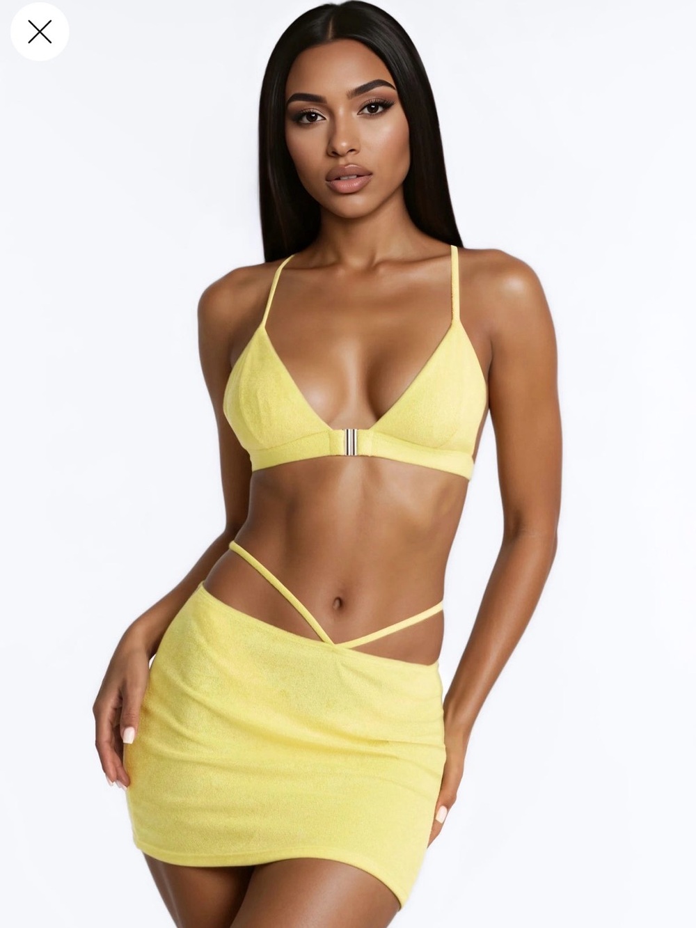 Fashion Nova Butter Yellow 3 Piece Triangle Bralette, Bikini Bottom & Mini Skirt